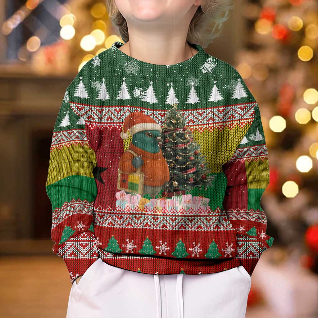 Guinea Bissau Christmas Kid Ugly Christmas Sweater with Santa Penguin Christmas Tree and Red Green Yellow Snowflake - Wonder Print Shop