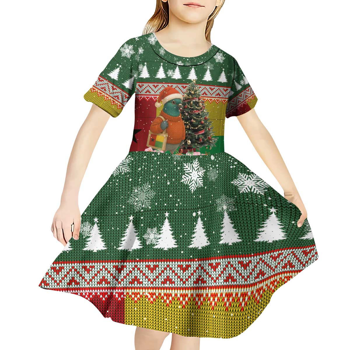 Guinea Bissau Christmas Kid Short Sleeve Dress with Santa Penguin Christmas Tree and Red Green Yellow Snowflake - Wonder Print Shop