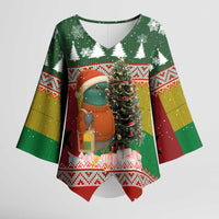 Guinea Bissau Christmas Kimono Sleeve Blouse with Santa Penguin Christmas Tree and Red Green Yellow Snowflake - Wonder Print Shop