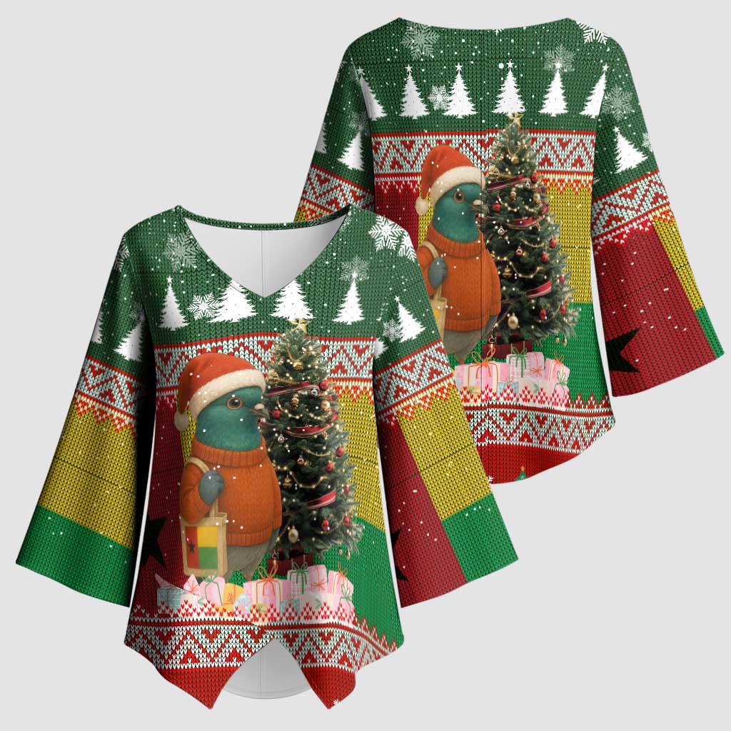 Guinea Bissau Christmas Kimono Sleeve Blouse with Santa Penguin Christmas Tree and Red Green Yellow Snowflake - Wonder Print Shop