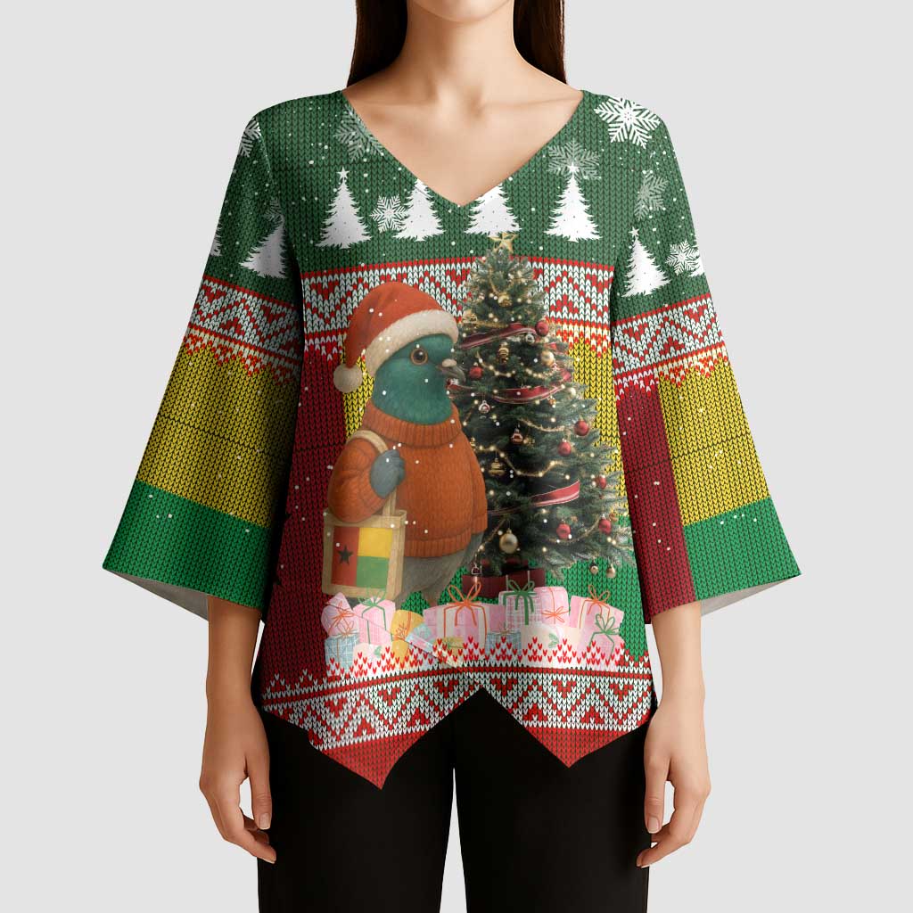 Guinea Bissau Christmas Kimono Sleeve Blouse with Santa Penguin Christmas Tree and Red Green Yellow Snowflake - Wonder Print Shop
