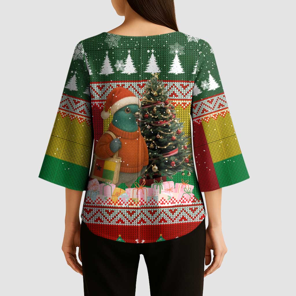 Guinea Bissau Christmas Kimono Sleeve Blouse with Santa Penguin Christmas Tree and Red Green Yellow Snowflake - Wonder Print Shop