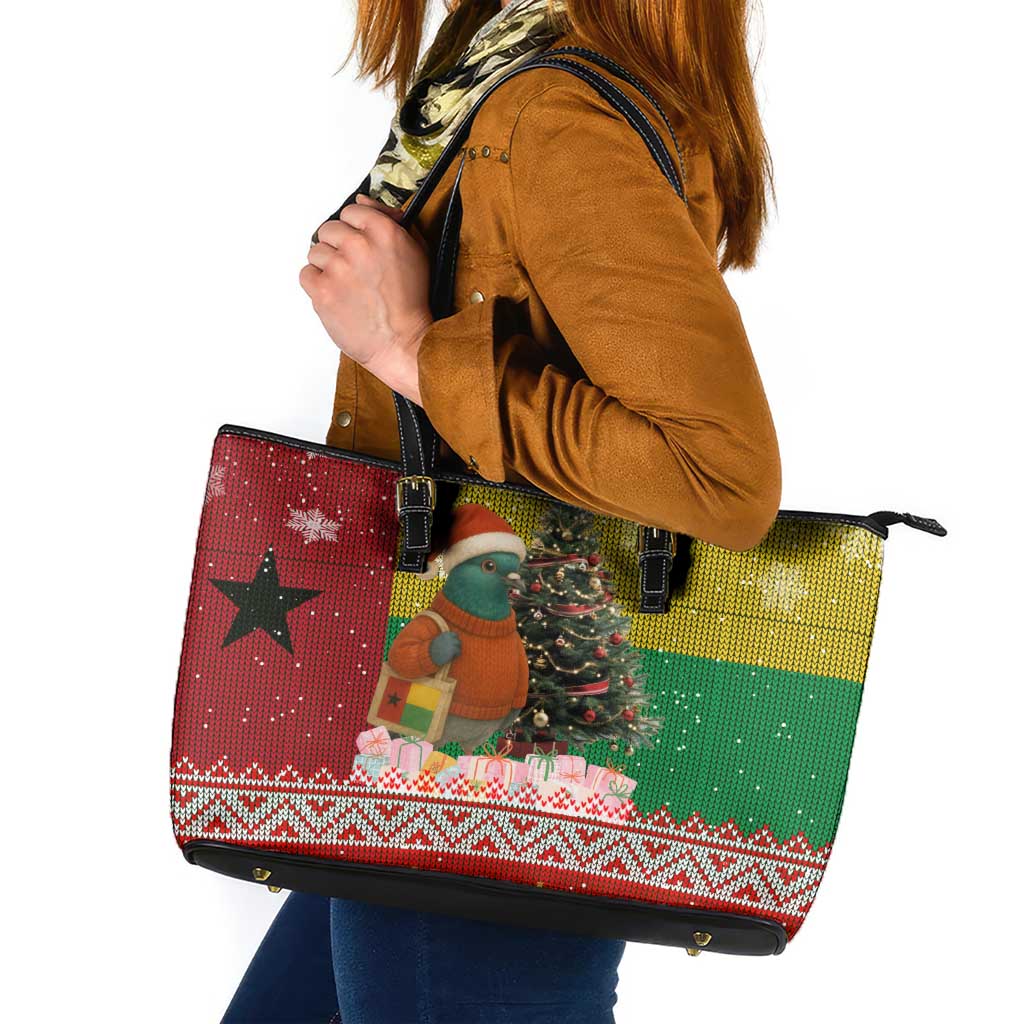 Guinea Bissau Christmas Leather Tote Bag with Santa Penguin Christmas Tree and Red Green Yellow Snowflake - Wonder Print Shop