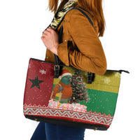 Guinea Bissau Christmas Leather Tote Bag with Santa Penguin Christmas Tree and Red Green Yellow Snowflake - Wonder Print Shop