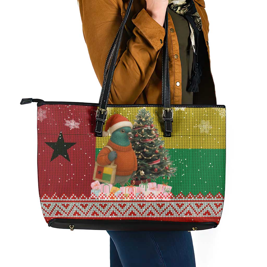 Guinea Bissau Christmas Leather Tote Bag with Santa Penguin Christmas Tree and Red Green Yellow Snowflake - Wonder Print Shop