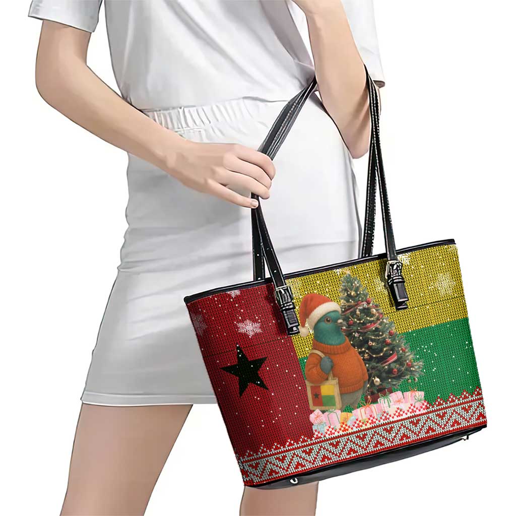 Guinea Bissau Christmas Leather Tote Bag with Santa Penguin Christmas Tree and Red Green Yellow Snowflake - Wonder Print Shop
