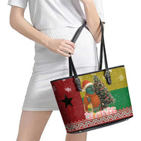 Guinea Bissau Christmas Leather Tote Bag with Santa Penguin Christmas Tree and Red Green Yellow Snowflake - Wonder Print Shop