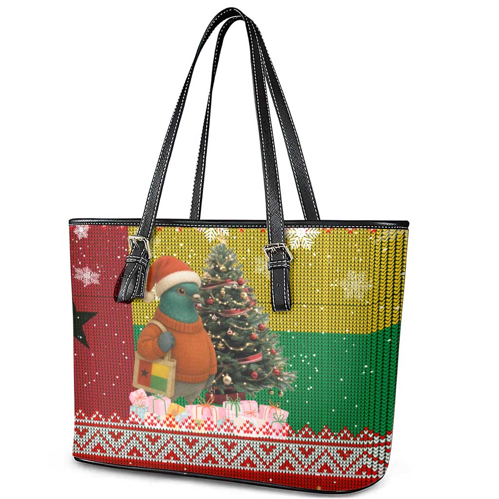 Guinea Bissau Christmas Leather Tote Bag with Santa Penguin Christmas Tree and Red Green Yellow Snowflake - Wonder Print Shop