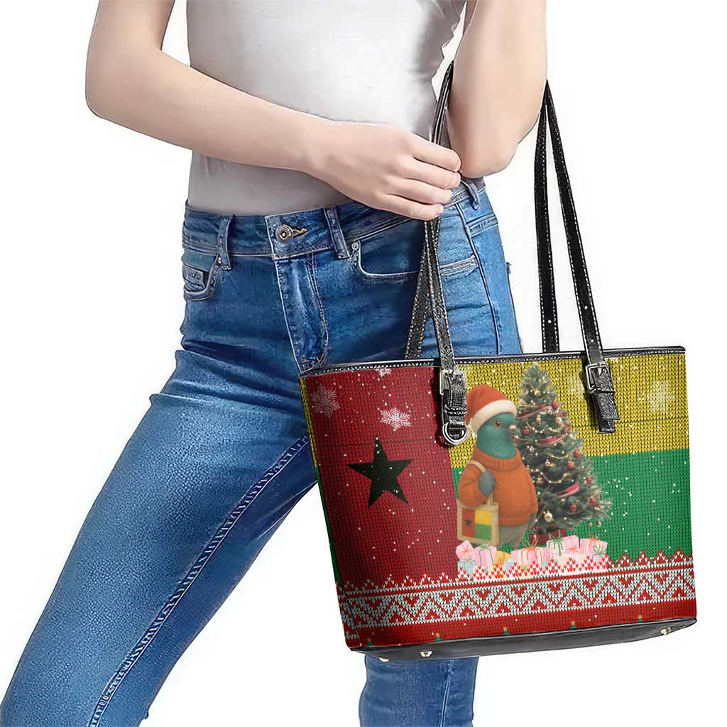 Guinea Bissau Christmas Leather Tote Bag with Santa Penguin Christmas Tree and Red Green Yellow Snowflake - Wonder Print Shop
