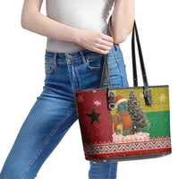 Guinea Bissau Christmas Leather Tote Bag with Santa Penguin Christmas Tree and Red Green Yellow Snowflake - Wonder Print Shop