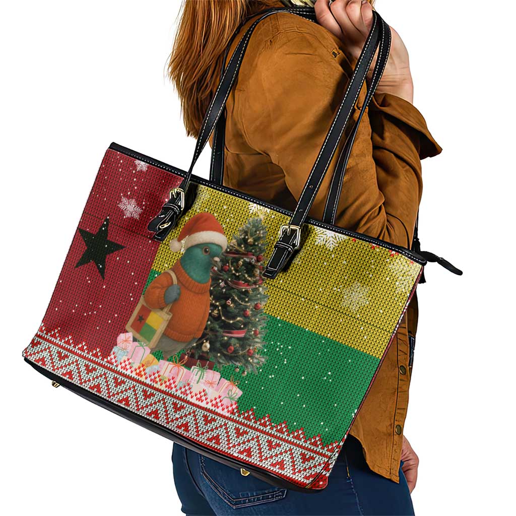 Guinea Bissau Christmas Leather Tote Bag with Santa Penguin Christmas Tree and Red Green Yellow Snowflake - Wonder Print Shop