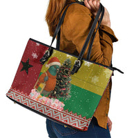Guinea Bissau Christmas Leather Tote Bag with Santa Penguin Christmas Tree and Red Green Yellow Snowflake - Wonder Print Shop