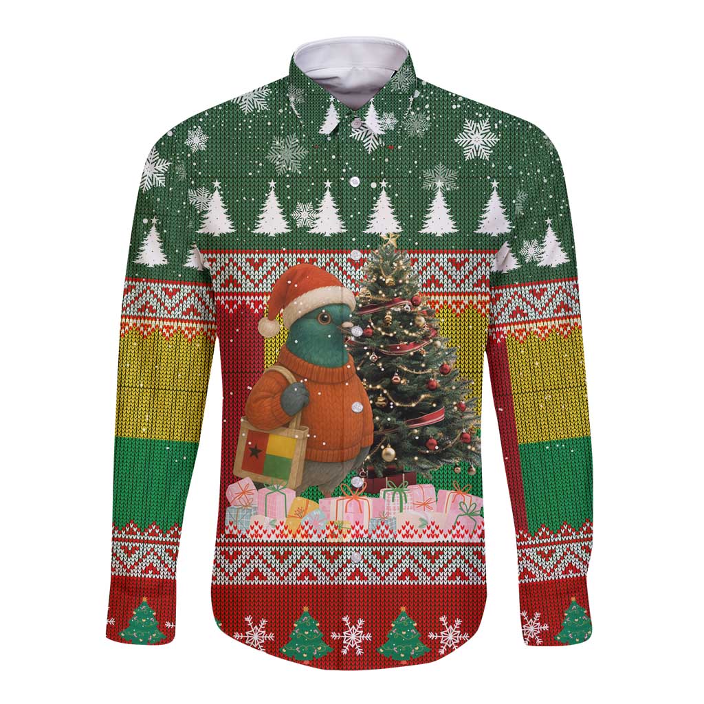 Guinea Bissau Christmas Long Sleeve Button Shirt with Santa Penguin Christmas Tree and Red Green Yellow Snowflake - Wonder Print Shop