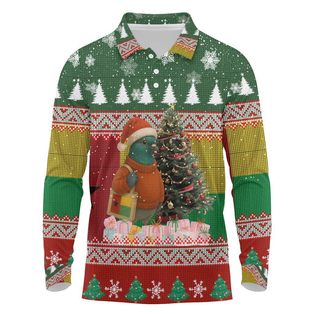 Guinea Bissau Christmas Long Sleeve Polo Shirt with Santa Penguin Christmas Tree and Red Green Yellow Snowflake - Wonder Print Shop