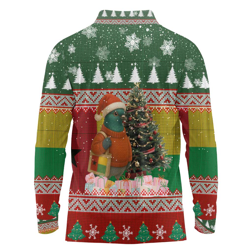 Guinea Bissau Christmas Long Sleeve Polo Shirt with Santa Penguin Christmas Tree and Red Green Yellow Snowflake - Wonder Print Shop