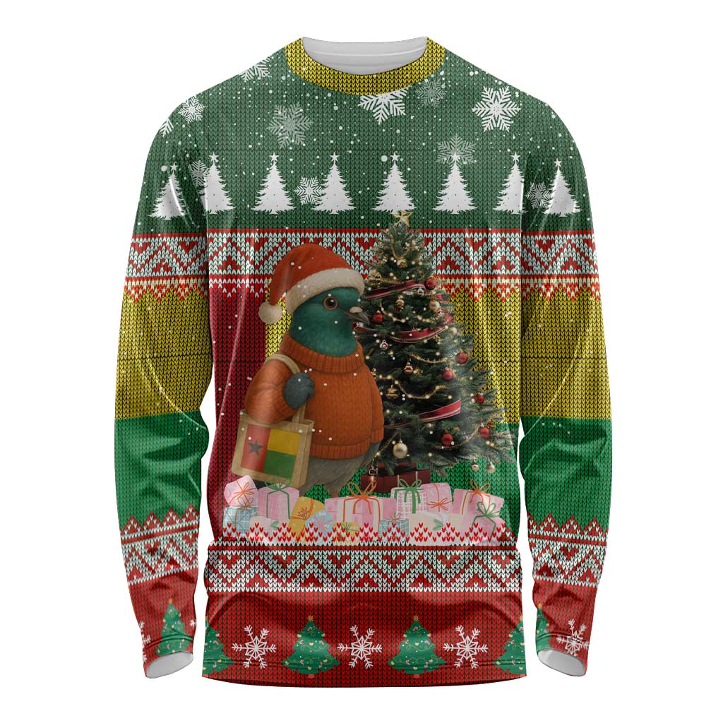 Guinea Bissau Christmas Long Sleeve Shirt with Santa Penguin Christmas Tree and Red Green Yellow Snowflake - Wonder Print Shop