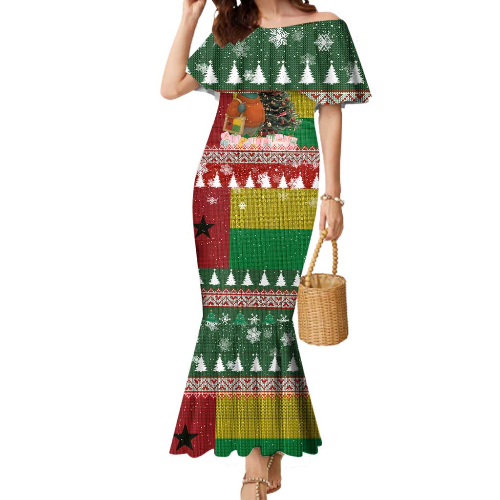 Guinea Bissau Christmas Mermaid Dress with Santa Penguin Christmas Tree and Red Green Yellow Snowflake - Wonder Print Shop
