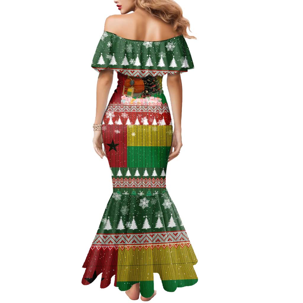 Guinea Bissau Christmas Mermaid Dress with Santa Penguin Christmas Tree and Red Green Yellow Snowflake - Wonder Print Shop