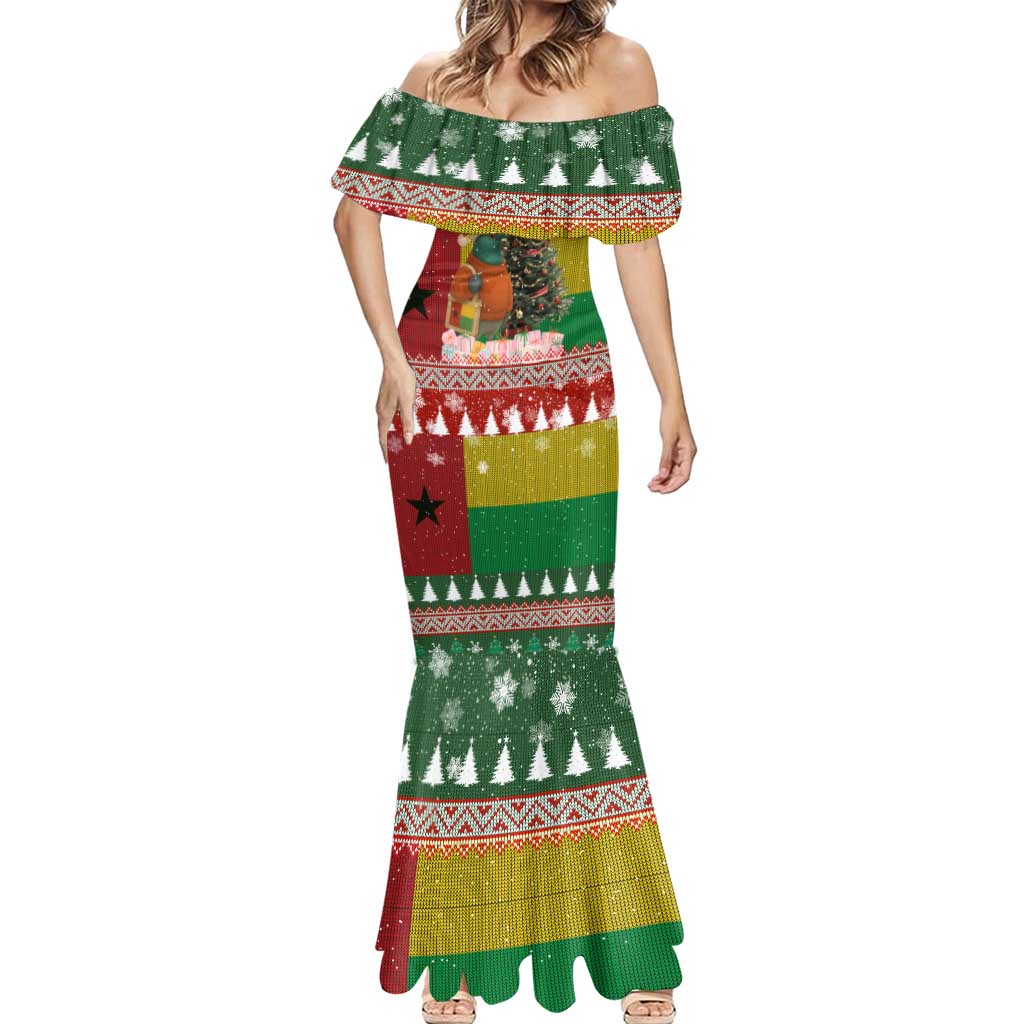 Guinea Bissau Christmas Mermaid Dress with Santa Penguin Christmas Tree and Red Green Yellow Snowflake - Wonder Print Shop