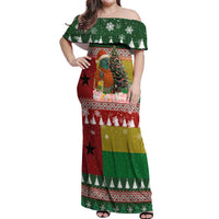 Guinea Bissau Christmas Off Shoulder Maxi Dress with Santa Penguin Christmas Tree and Red Green Yellow Snowflake - Wonder Print Shop