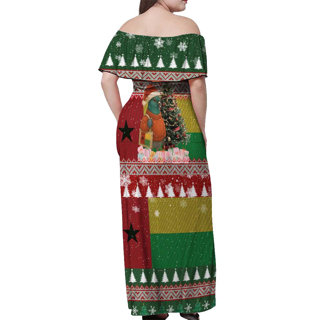 Guinea Bissau Christmas Off Shoulder Maxi Dress with Santa Penguin Christmas Tree and Red Green Yellow Snowflake - Wonder Print Shop