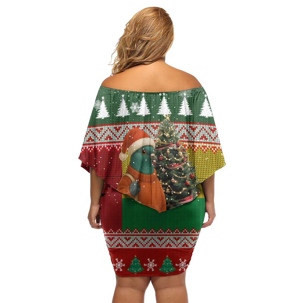 Guinea Bissau Christmas Off Shoulder Short Dress with Santa Penguin Christmas Tree and Red Green Yellow Snowflake - Wonder Print Shop