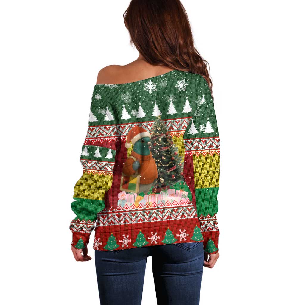 Guinea Bissau Christmas Off Shoulder Sweater with Santa Penguin Christmas Tree and Red Green Yellow Snowflake - Wonder Print Shop