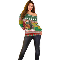 Guinea Bissau Christmas Off Shoulder Sweater with Santa Penguin Christmas Tree and Red Green Yellow Snowflake - Wonder Print Shop