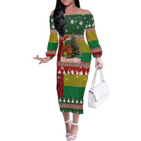 Guinea Bissau Christmas Off The Shoulder Long Sleeve Dress with Santa Penguin Christmas Tree and Red Green Yellow Snowflake - Wonder Print Shop