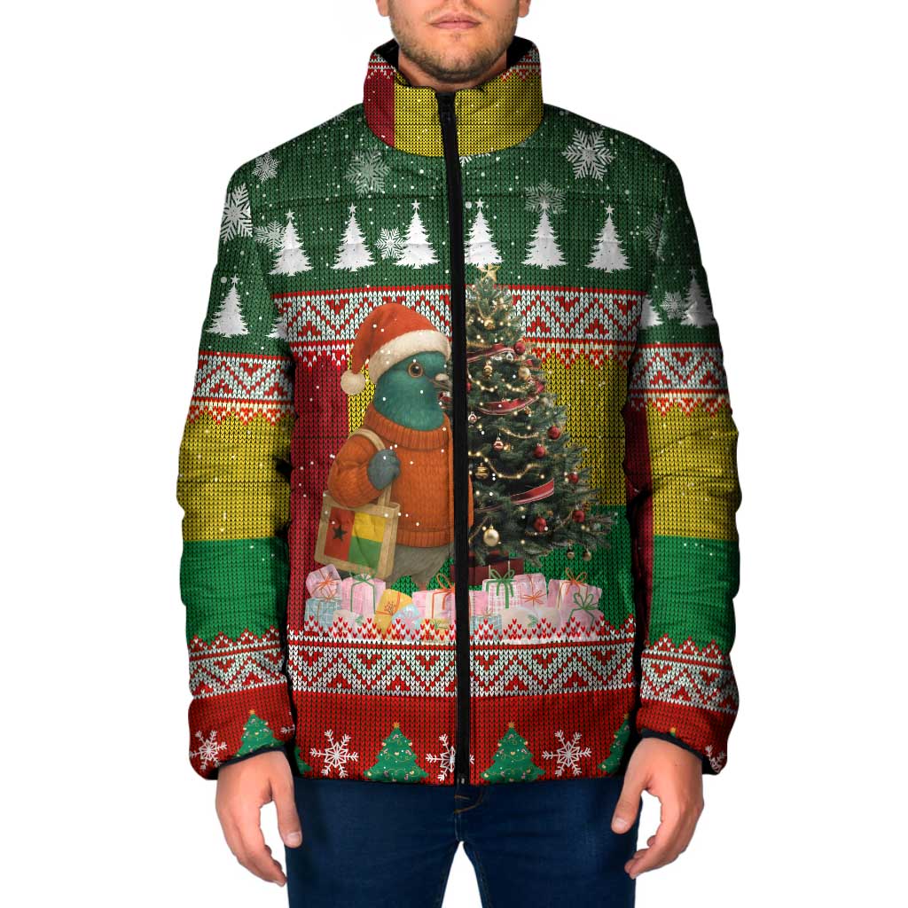 Guinea Bissau Christmas Padded Jacket with Santa Penguin Christmas Tree and Red Green Yellow Snowflake - Wonder Print Shop