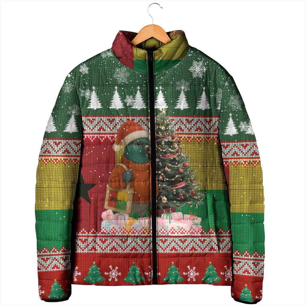 Guinea Bissau Christmas Padded Jacket with Santa Penguin Christmas Tree and Red Green Yellow Snowflake - Wonder Print Shop