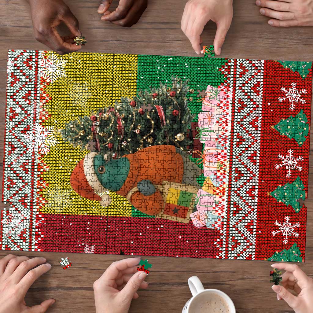 Guinea Bissau Christmas Puzzle with Santa Penguin Christmas Tree and Red Green Yellow Snowflake - Wonder Print Shop