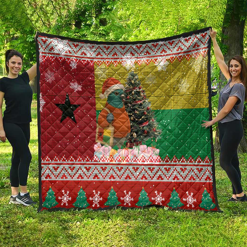 Guinea Bissau Christmas Quilt with Santa Penguin Christmas Tree and Red Green Yellow Snowflake - Wonder Print Shop