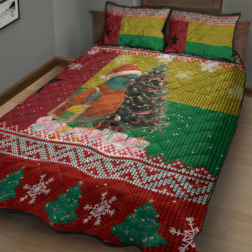 Guinea Bissau Christmas Quilt Bed Set with Santa Penguin Christmas Tree and Red Green Yellow Snowflake - Wonder Print Shop