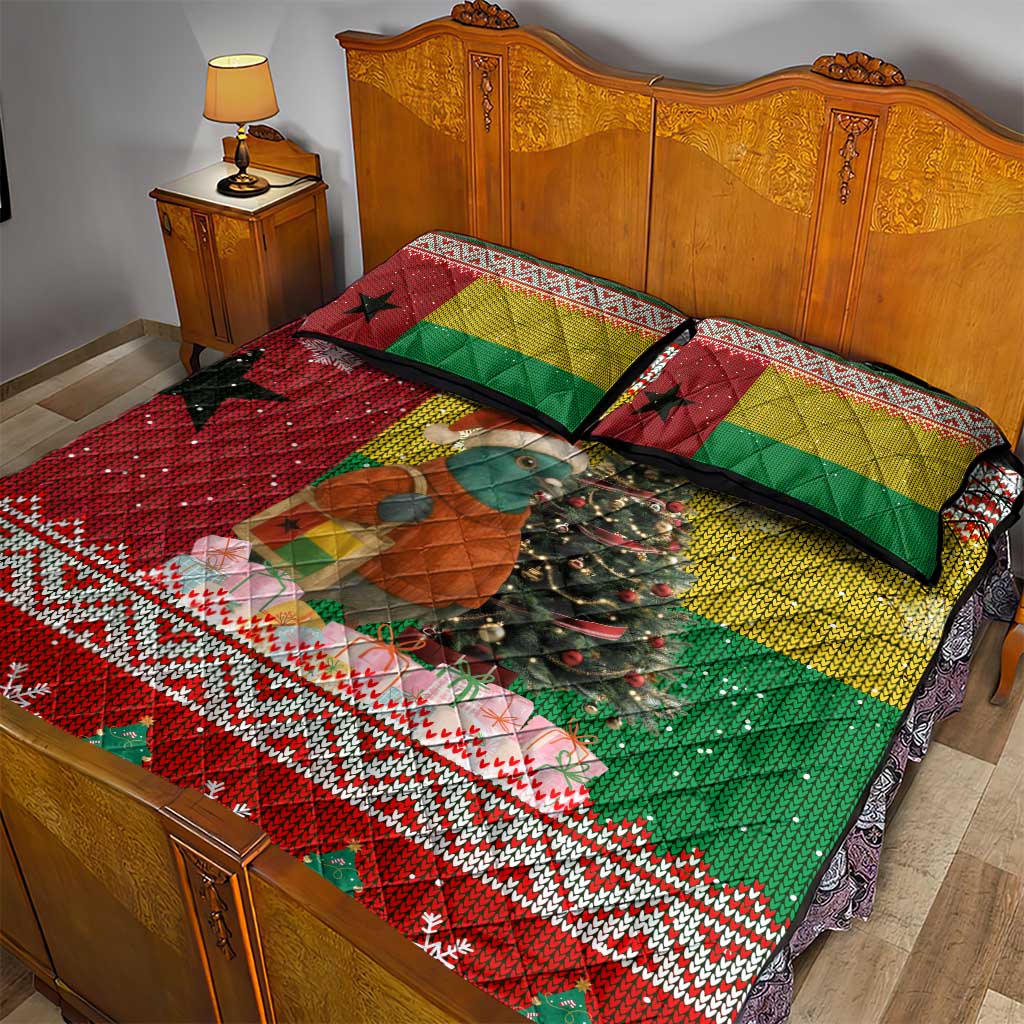 Guinea Bissau Christmas Quilt Bed Set with Santa Penguin Christmas Tree and Red Green Yellow Snowflake - Wonder Print Shop