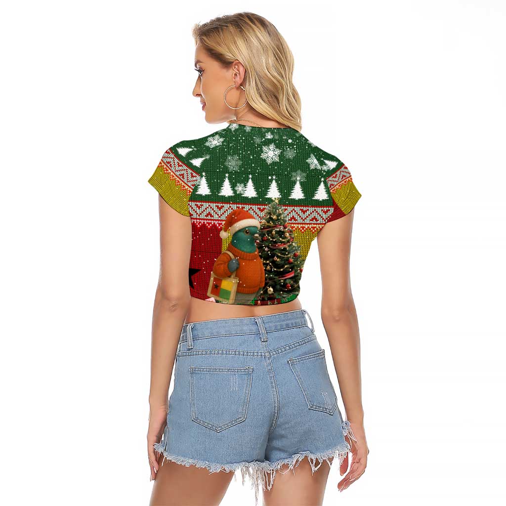 Guinea Bissau Christmas Raglan Cropped T Shirt with Santa Penguin Christmas Tree and Red Green Yellow Snowflake - Wonder Print Shop