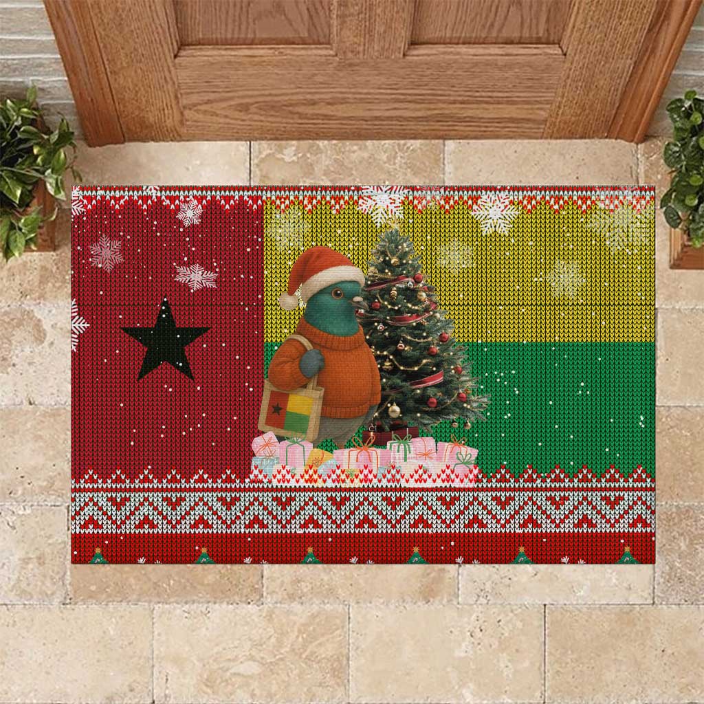 Guinea Bissau Christmas Rubber Doormat with Santa Penguin Christmas Tree and Red Green Yellow Snowflake - Wonder Print Shop