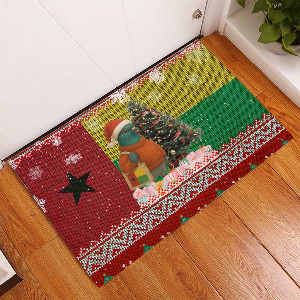 Guinea Bissau Christmas Rubber Doormat with Santa Penguin Christmas Tree and Red Green Yellow Snowflake - Wonder Print Shop