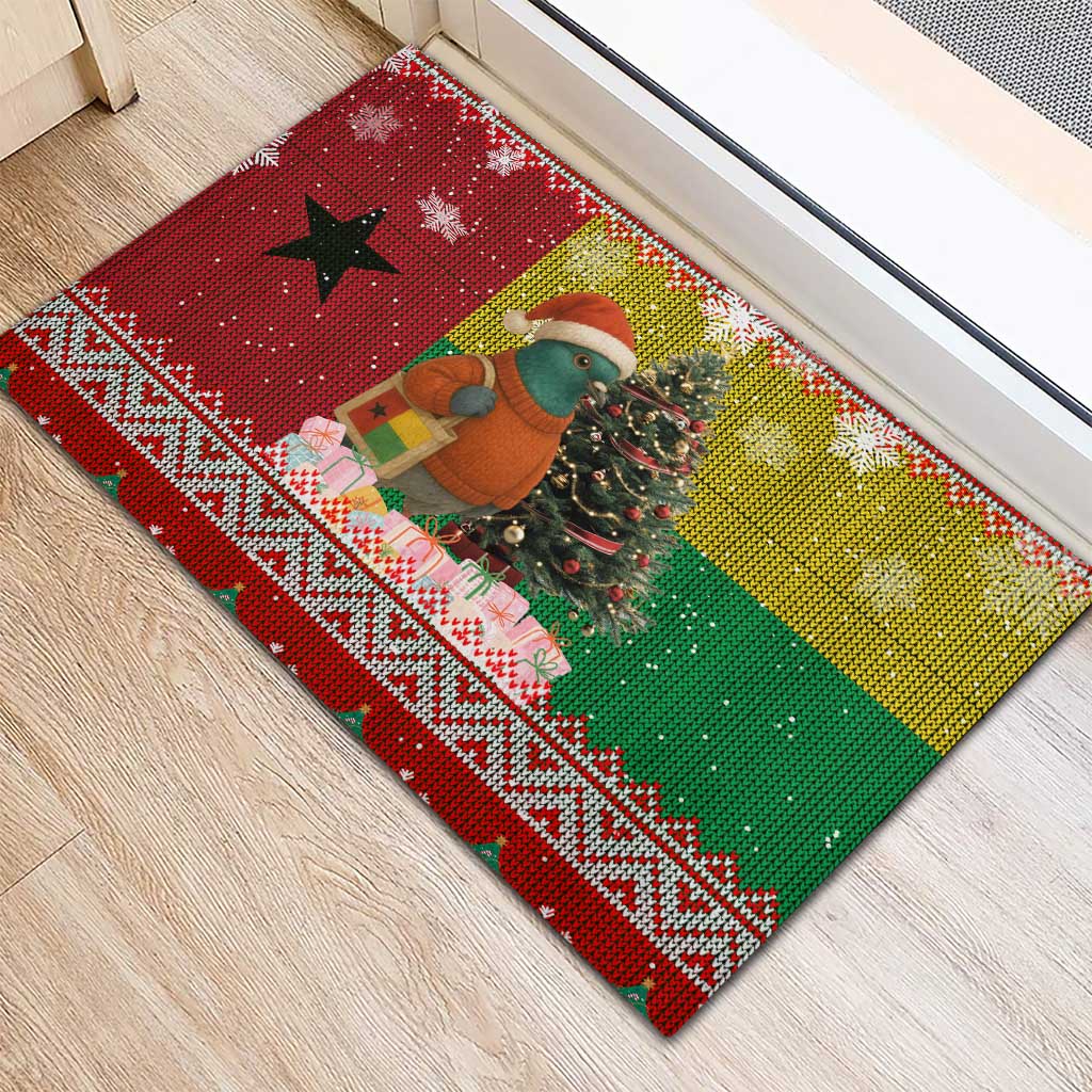 Guinea Bissau Christmas Rubber Doormat with Santa Penguin Christmas Tree and Red Green Yellow Snowflake - Wonder Print Shop