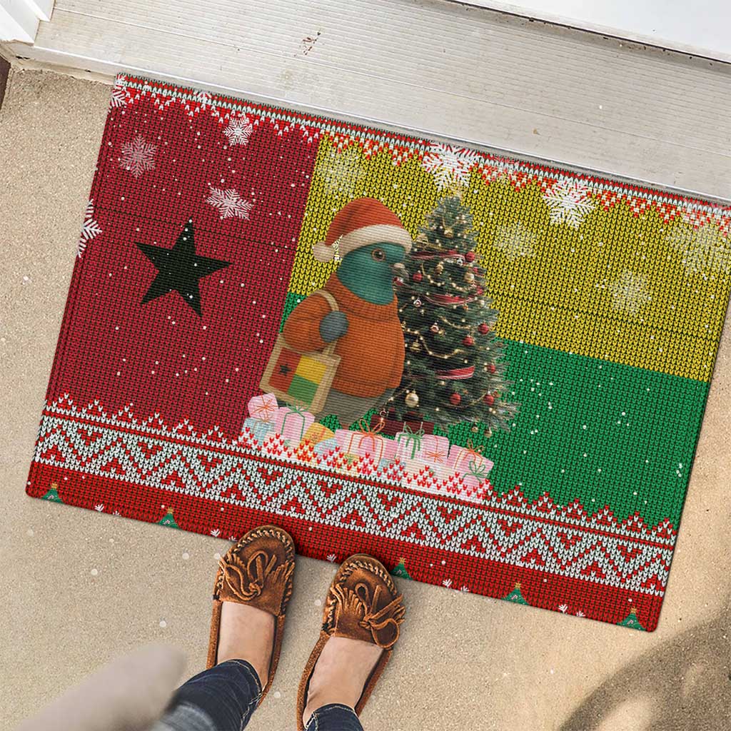 Guinea Bissau Christmas Rubber Doormat with Santa Penguin Christmas Tree and Red Green Yellow Snowflake - Wonder Print Shop