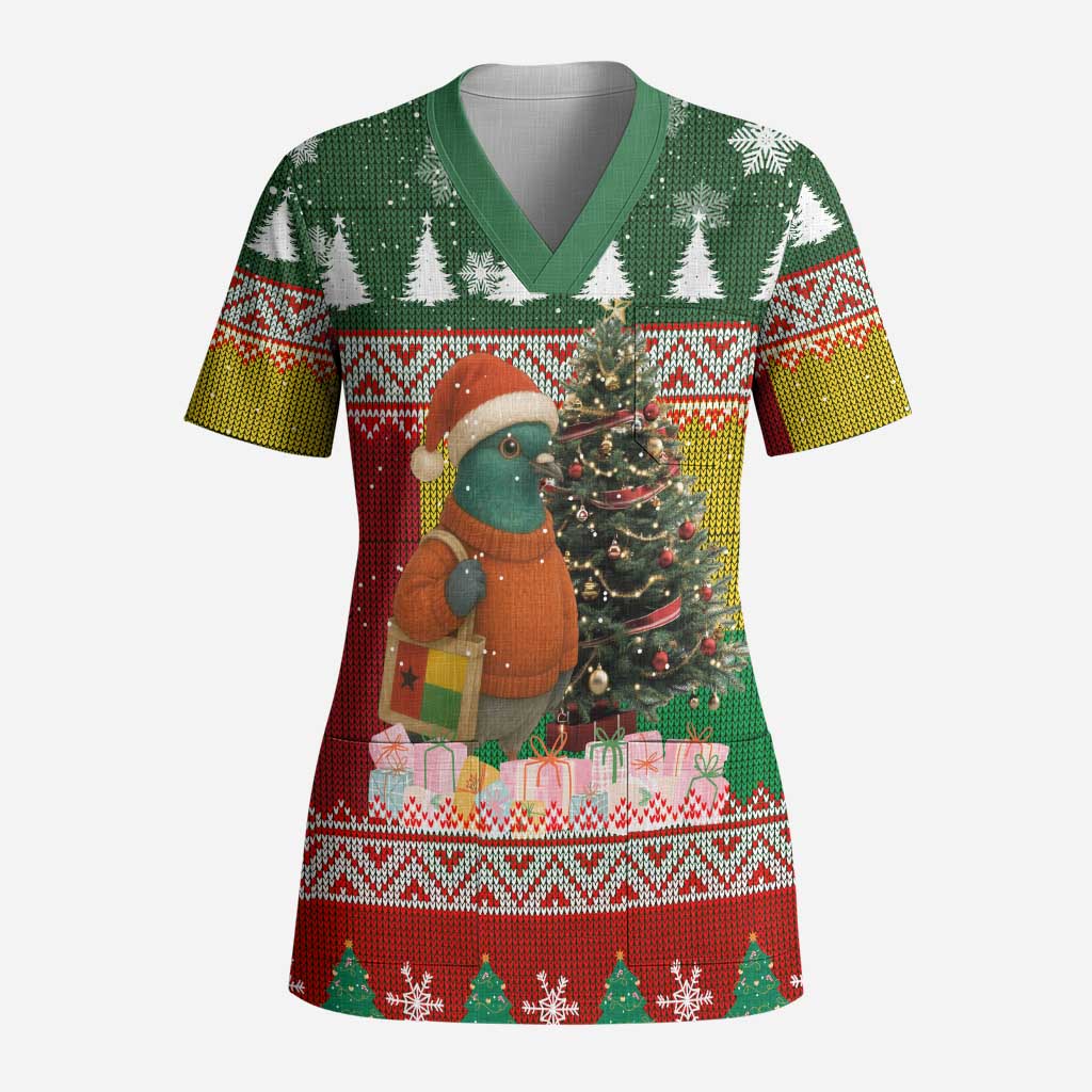 Guinea Bissau Christmas Scrub Top with Santa Penguin Christmas Tree and Red Green Yellow Snowflake - Wonder Print Shop