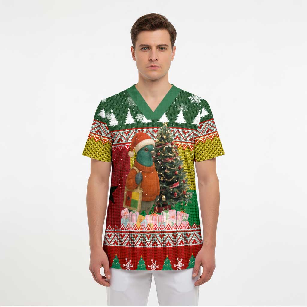 Guinea Bissau Christmas Scrub Top with Santa Penguin Christmas Tree and Red Green Yellow Snowflake - Wonder Print Shop