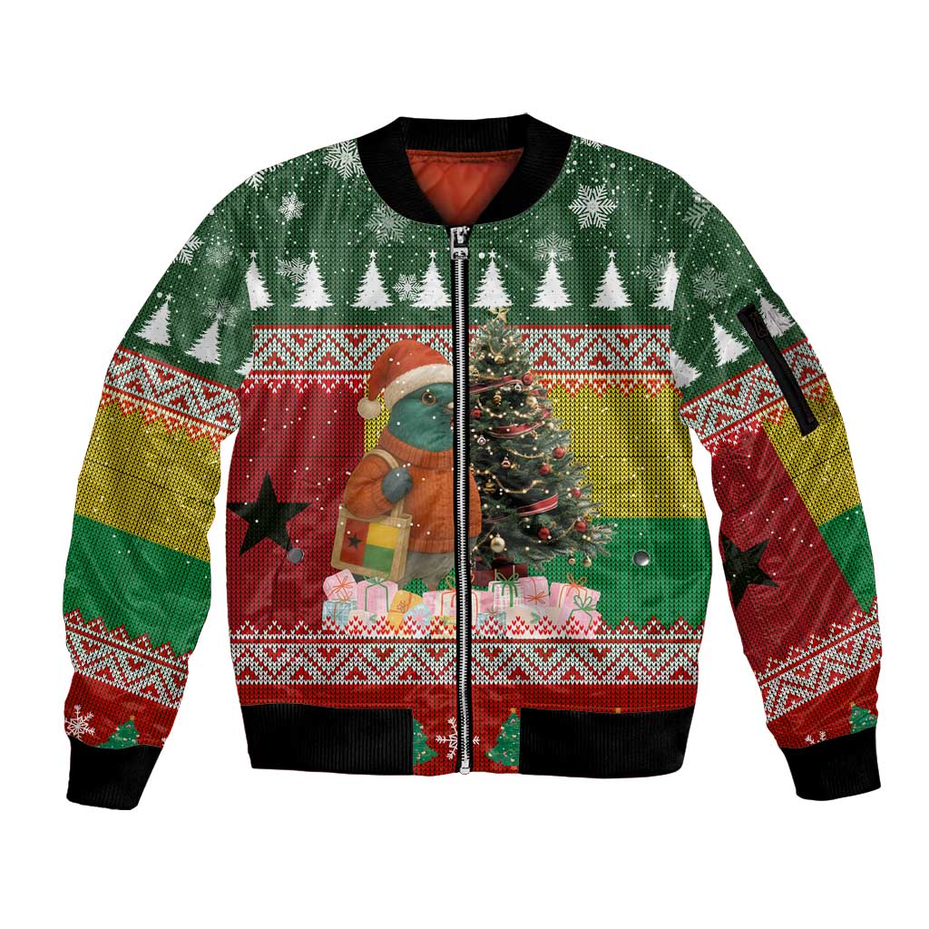 Guinea Bissau Christmas Sleeve Zip Bomber Jacket with Santa Penguin Christmas Tree and Red Green Yellow Snowflake - Wonder Print Shop