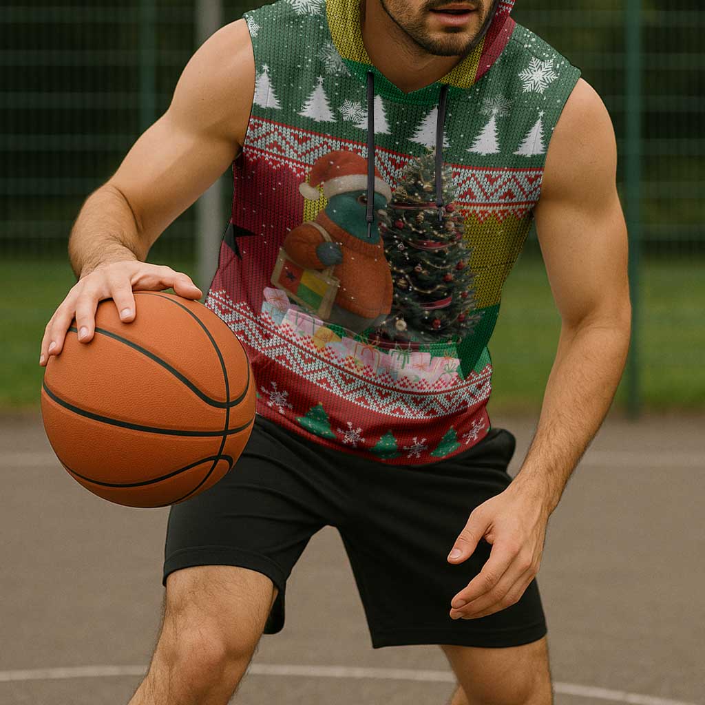 Guinea Bissau Christmas Sleeveless Hoodie with Santa Penguin Christmas Tree and Red Green Yellow Snowflake - Wonder Print Shop
