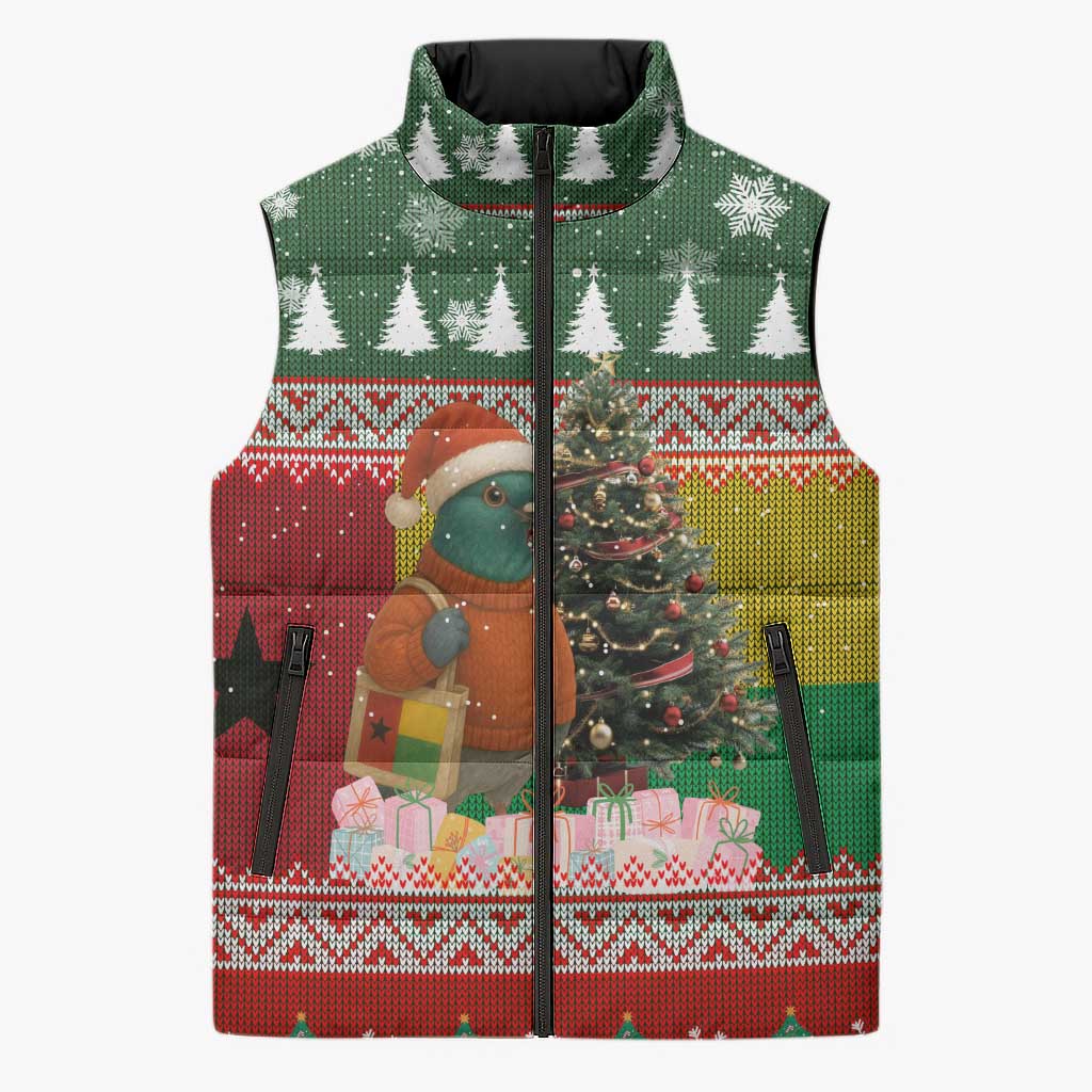 Guinea Bissau Christmas Sleeveless Puffer Jacket with Santa Penguin Christmas Tree and Red Green Yellow Snowflake - Wonder Print Shop