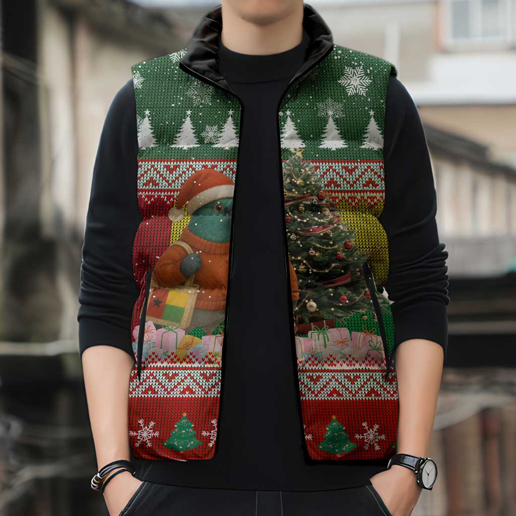 Guinea Bissau Christmas Sleeveless Puffer Jacket with Santa Penguin Christmas Tree and Red Green Yellow Snowflake - Wonder Print Shop