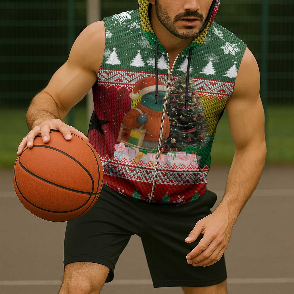 Guinea Bissau Christmas Sleeveless Zip Hoodie with Santa Penguin Christmas Tree and Red Green Yellow Snowflake - Wonder Print Shop
