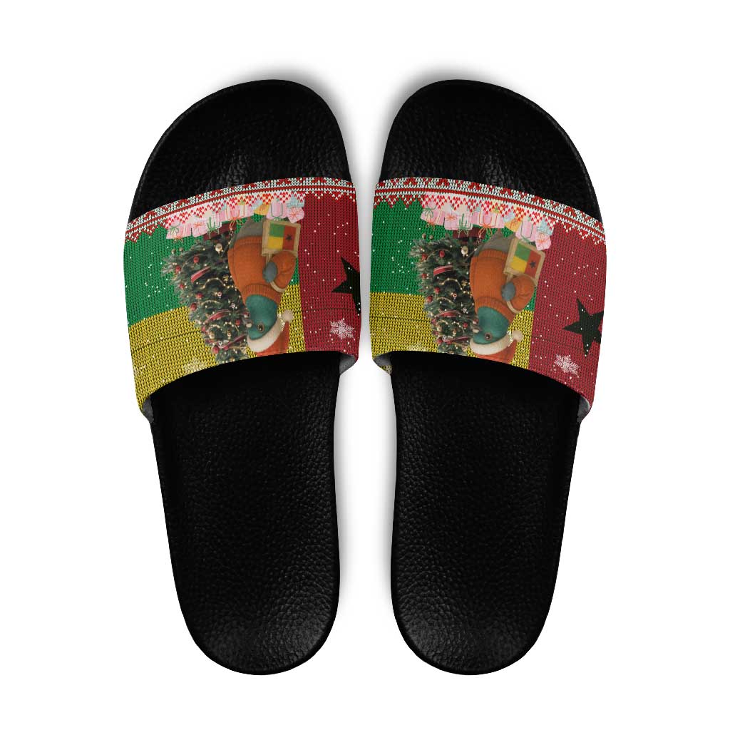 Guinea Bissau Christmas Slide Sandals with Santa Penguin Christmas Tree and Red Green Yellow Snowflake - Wonder Print Shop