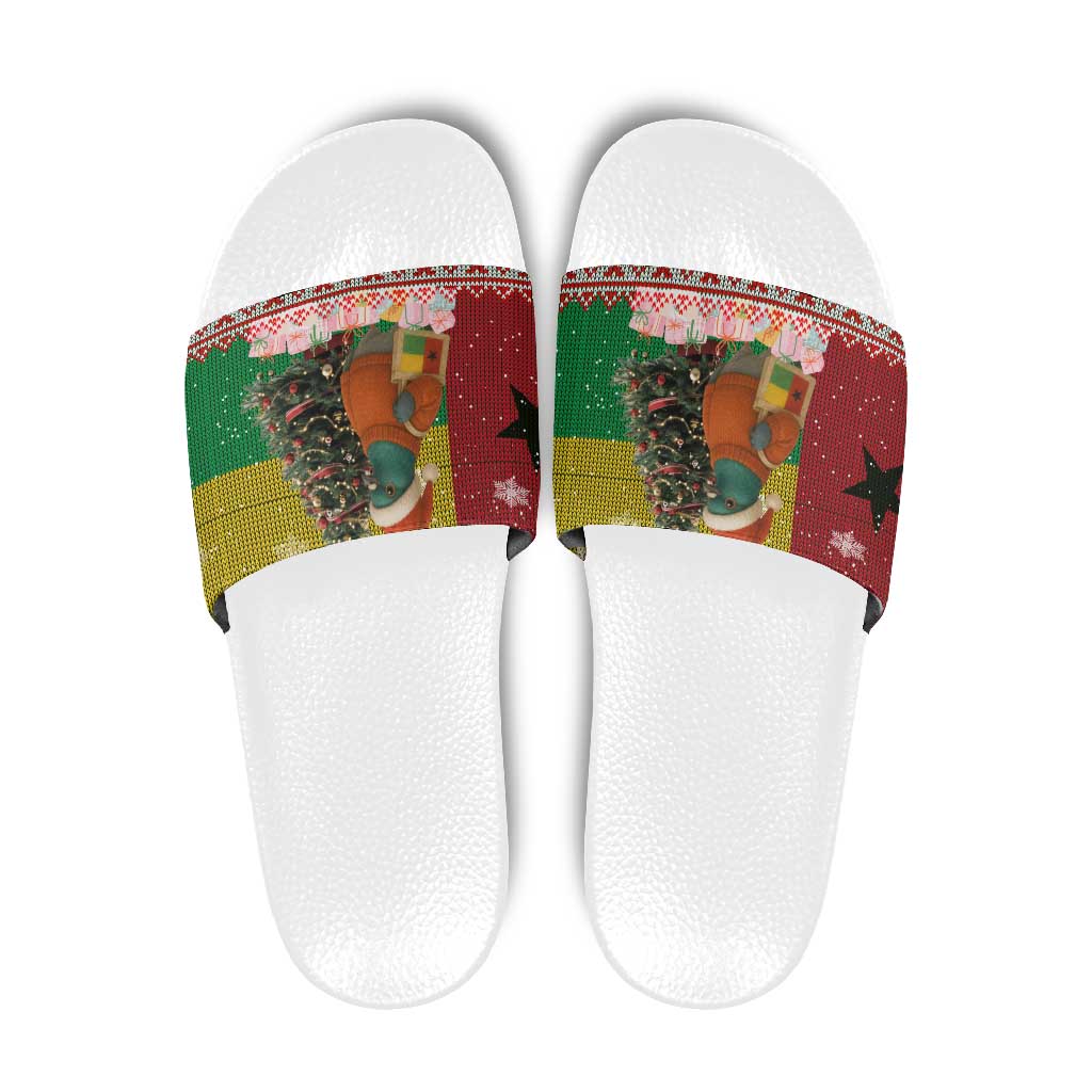 Guinea Bissau Christmas Slide Sandals with Santa Penguin Christmas Tree and Red Green Yellow Snowflake - Wonder Print Shop