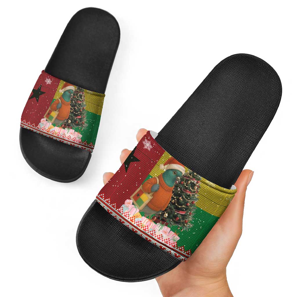 Guinea Bissau Christmas Slide Sandals with Santa Penguin Christmas Tree and Red Green Yellow Snowflake - Wonder Print Shop